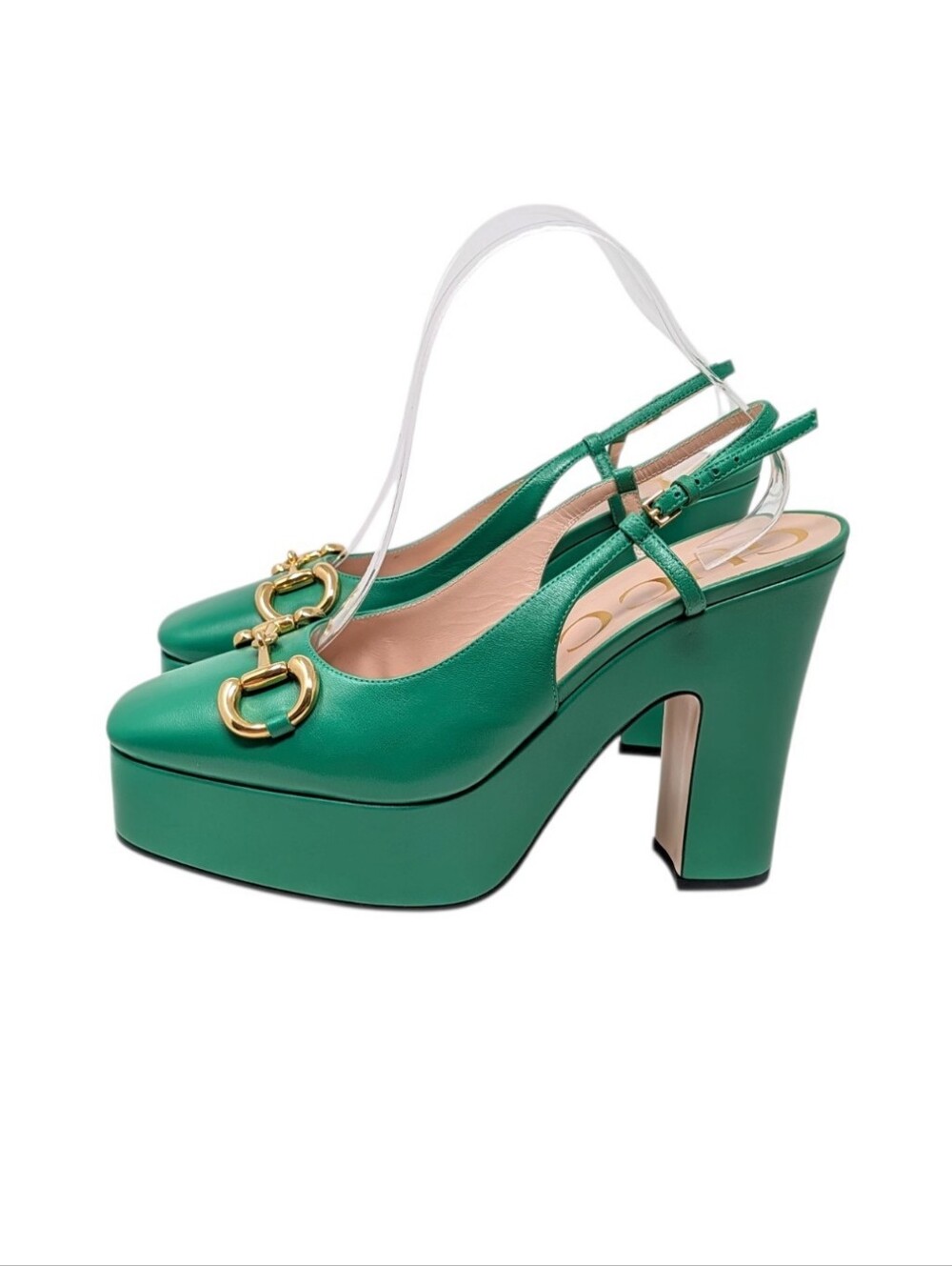 NEW Gucci Green Horsebit Platform Slingback Chunky Block Heel Pumps Size EU 39.5